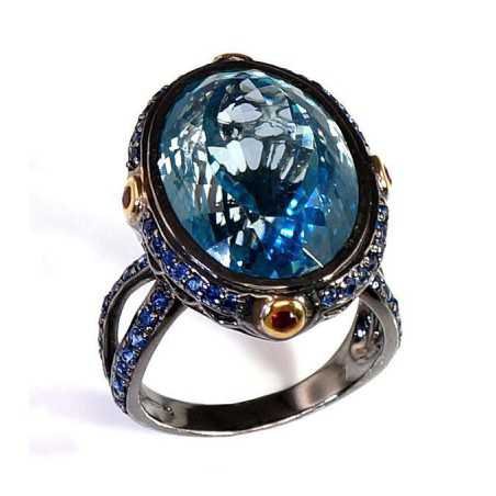 925° Genuine Sterling Silver ring, Stone: Blue Topaz , Sapphire, Type: With precious stones, 2100547(PAu-Y+PRh-Gr)_TZB+SA
