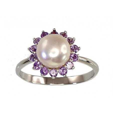 925° Genuine Sterling Silver ring, Stone: Fresh-water Pearl , Amethyst , Type: \\\"Orio\\\"  collection, 2100569(PRh-Gr)_PE+AM