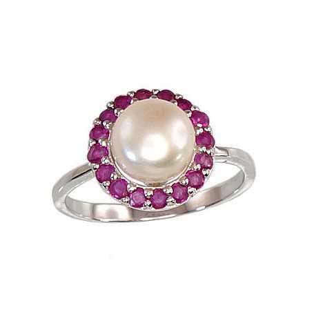 925° Genuine Sterling Silver ring, Stone: Fresh-water Pearl , Ruby, Type: With precious stones, 2100570(PRh-Gr)_PE+RB