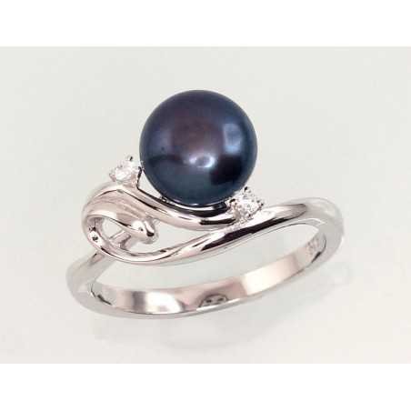 925° Genuine Sterling Silver ring, Stone: Zirkons , Fresh-water Pearl , Type: Women, 2101462(PRh-Gr)_CZ+PE-BK