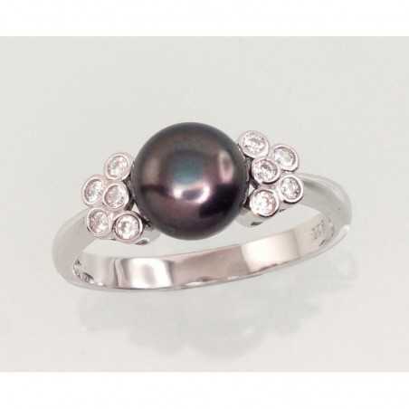 925° Genuine Sterling Silver ring, Stone: Zirkons , Fresh-water Pearl , Type: Women, 2101464(PRh-Gr)_CZ+PE-BK
