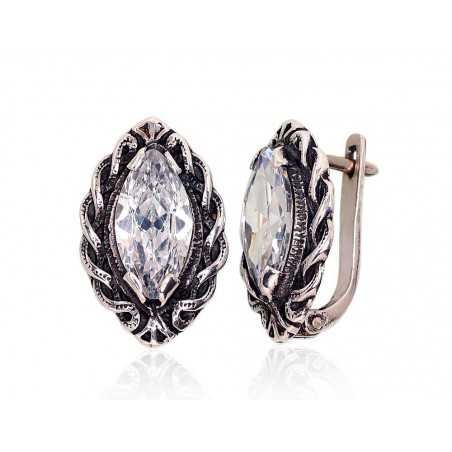 925°, Silver earrings with english lock, Zirkons , 2201122(POx-Bk)_CZ