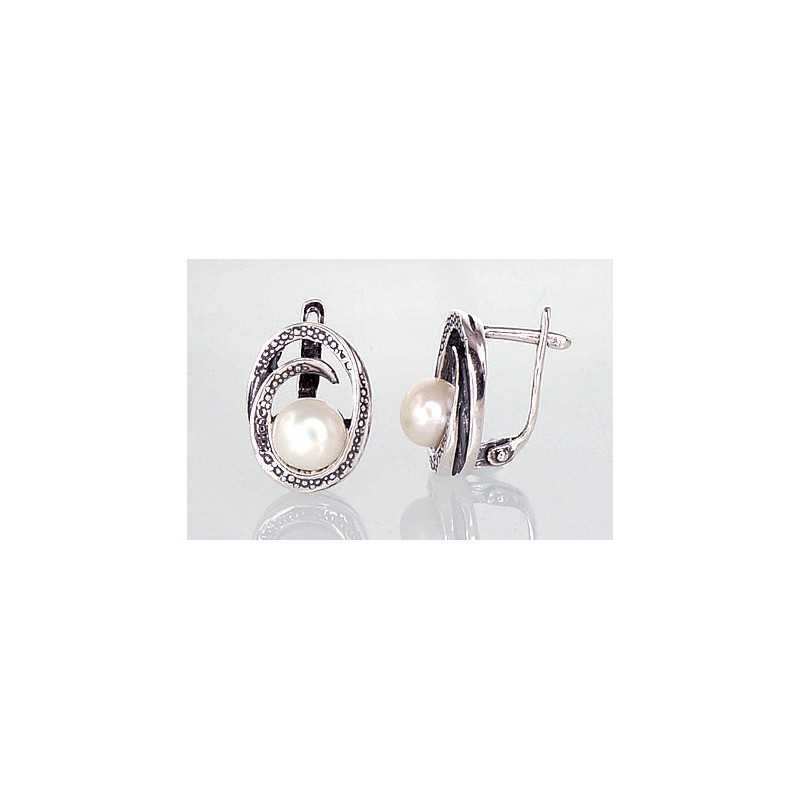 925°, Silver earrings with english lock, Fresh-water Pearl , 2201133(POx-Bk)_PE
