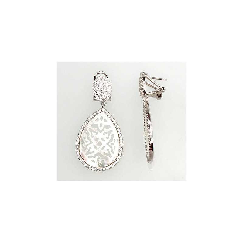 925°, Silver earrings with english lock, Zirkons , Mother-of-pearl , 2201147(PRh-Gr)_CZ+PL