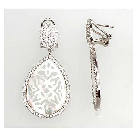 925°, Silver earrings with english lock, Zirkons , Mother-of-pearl , 2201147(PRh-Gr)_CZ+PL