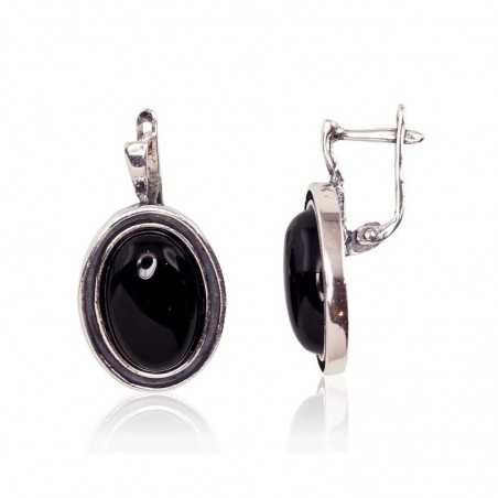 925°, Silver earrings with english lock, Onix , 2201676(POx-Bk)_ON-2