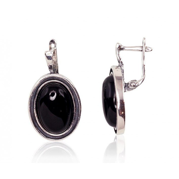 925°, Silver earrings with english lock, Onix , 2201676(POx-Bk)_ON-2