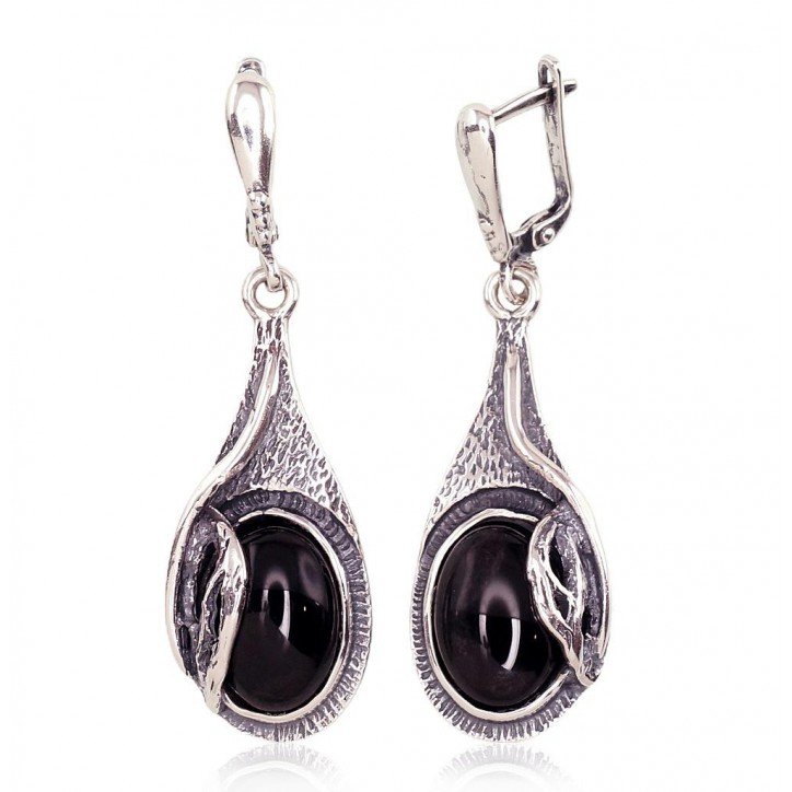 925°, Silver earrings with english lock, Onix , 2201682(POx-Bk)_ON