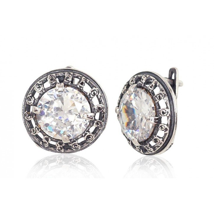 925°, Silver earrings with english lock, Zirkons , 2201705(POx-Bk)_CZ