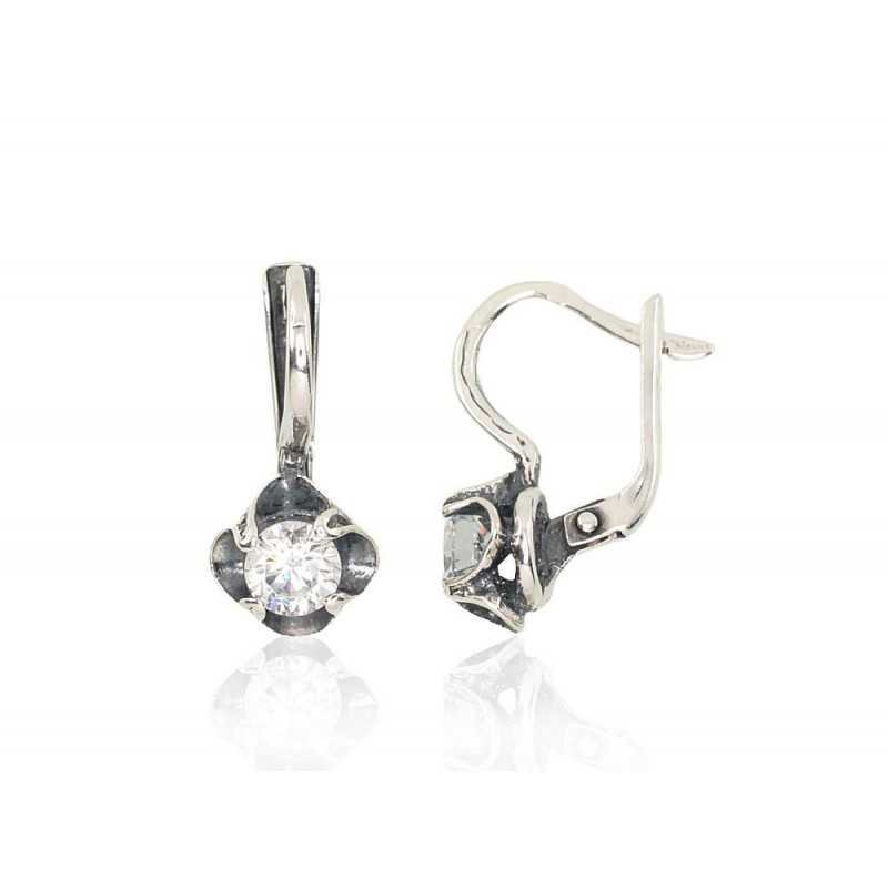 925°, Silver earrings with english lock, Zirkons , 2202122(POx-Bk)_CZ