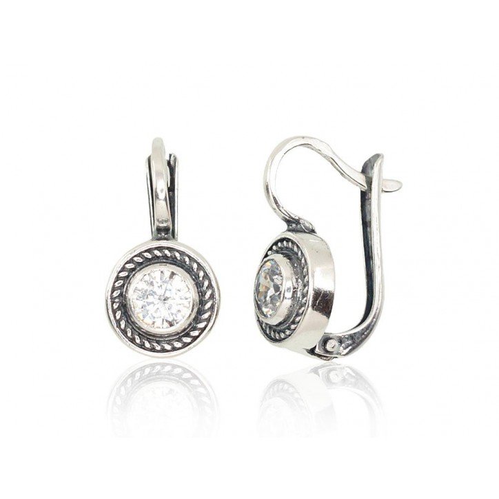 925°, Silver earrings with english lock, Zirkons , 2202124(POx-Bk)_CZ