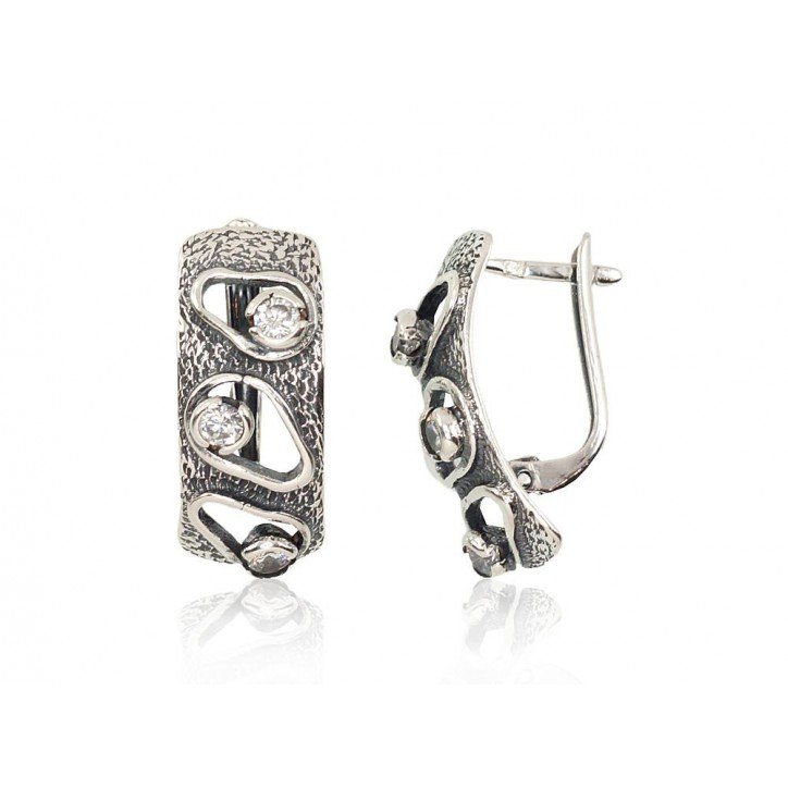 925°, Silver earrings with english lock, Zirkons , 2202132(POx-Bk)_CZ