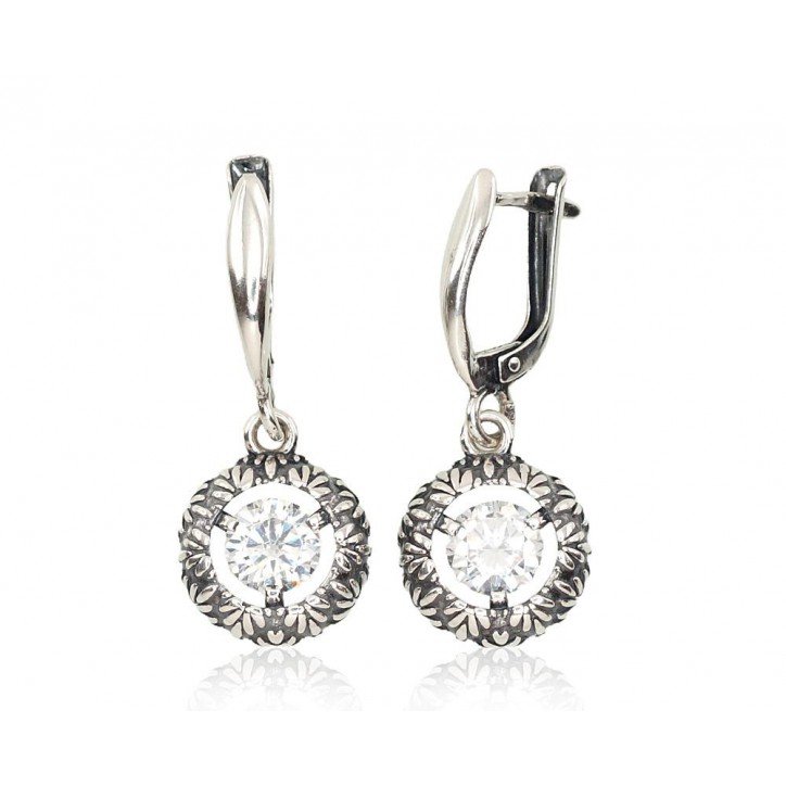 925°, Silver earrings with english lock, Zirkons , 2202140(POx-Bk)_CZ