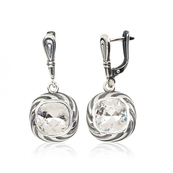 925°, Silver earrings with english lock, Swarovski crystals , 2202145(POx-Bk)_SV