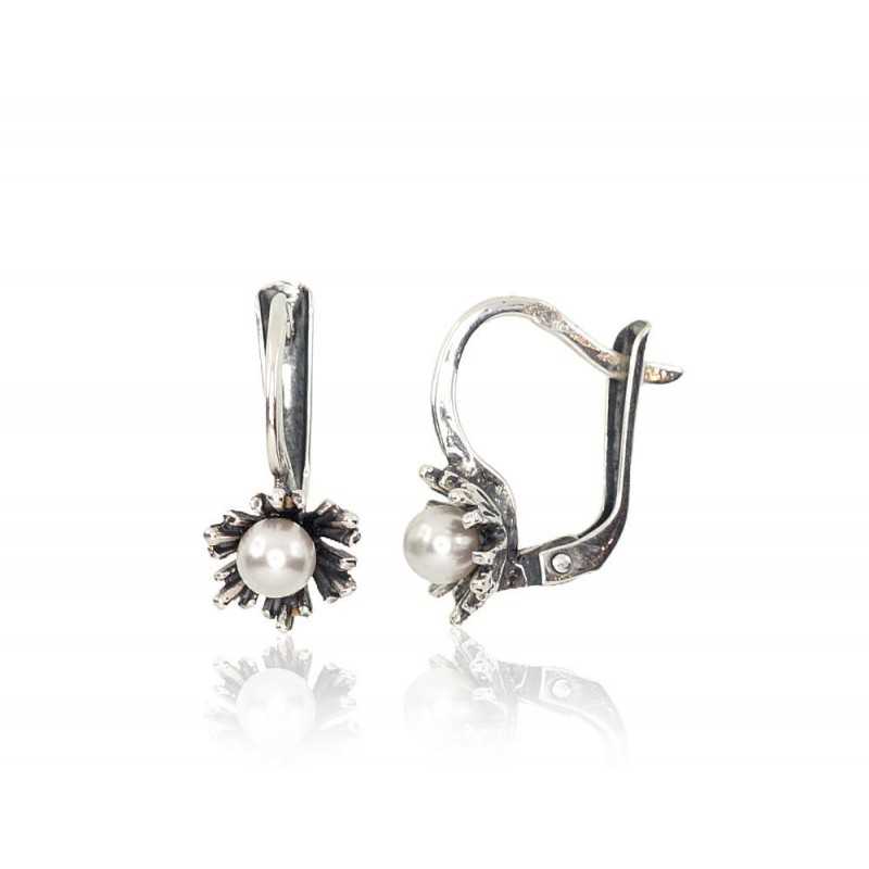 925°, Silver earrings with english lock, Fresh-water Pearl , 2202149(POx-Bk)_PE