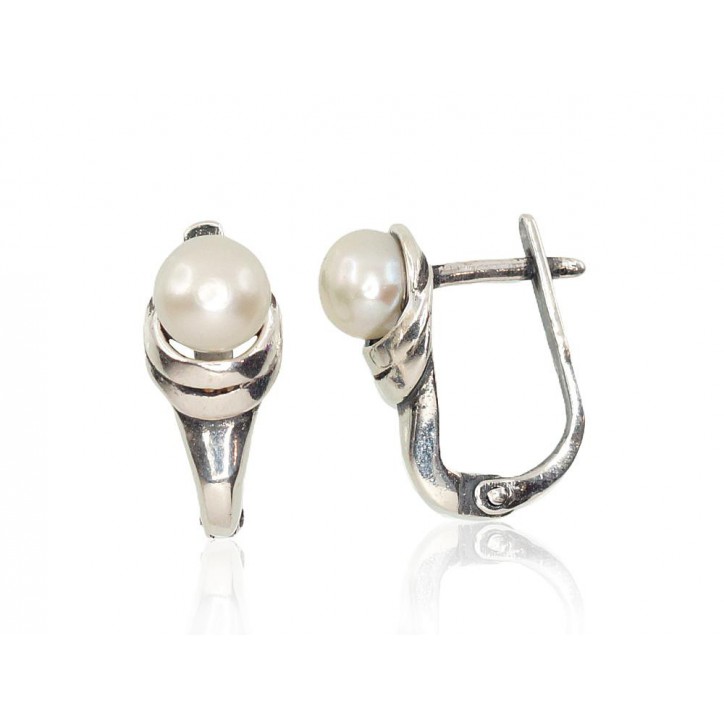 925°, Silver earrings with english lock, Fresh-water Pearl , 2202151(POx-Bk)_PE