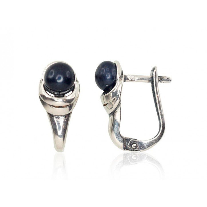 925°, Silver earrings with english lock, Fresh-water Pearl , 2202151(POx-Bk)_PE-BK