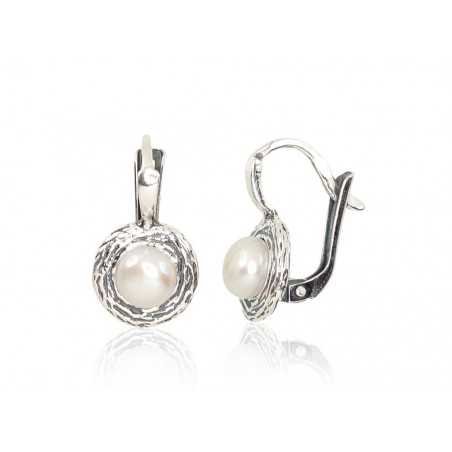 925°, Silver earrings with english lock, Fresh-water Pearl , 2202153(POx-Bk)_PE
