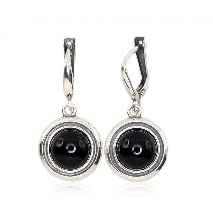 925°, Silver earrings with english lock, Onix , 2202166(POx-Bk)_ON-2