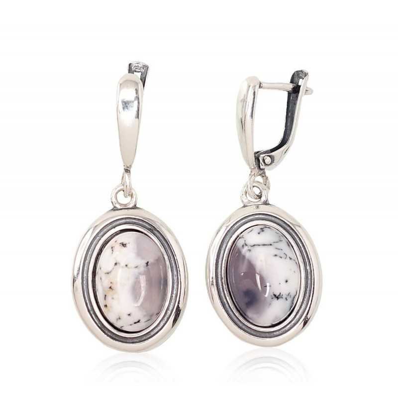 925°, Silver earrings with english lock, Dendritic Agate , 2202167(POx-Bk)_AGD