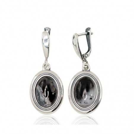 925°, Silver earrings with english lock, Dendritic Agate , 2202167(POx-Bk)_AGD-BK