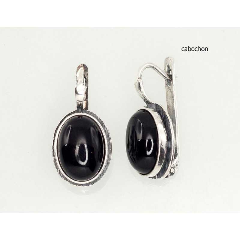 925°, Silver earrings with english lock, Onix , 2202172(POx-Bk)_ON-2