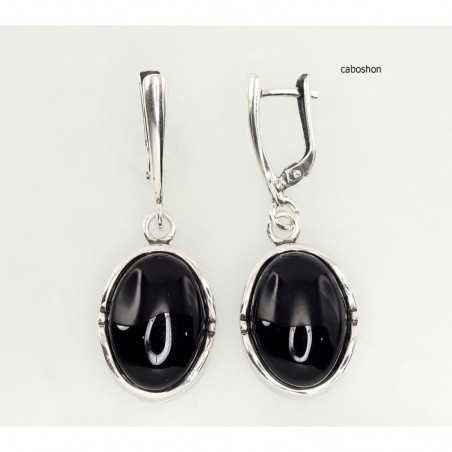 925°, Silver earrings with english lock, Onix , 2202178(POx-Bk)_ON-2