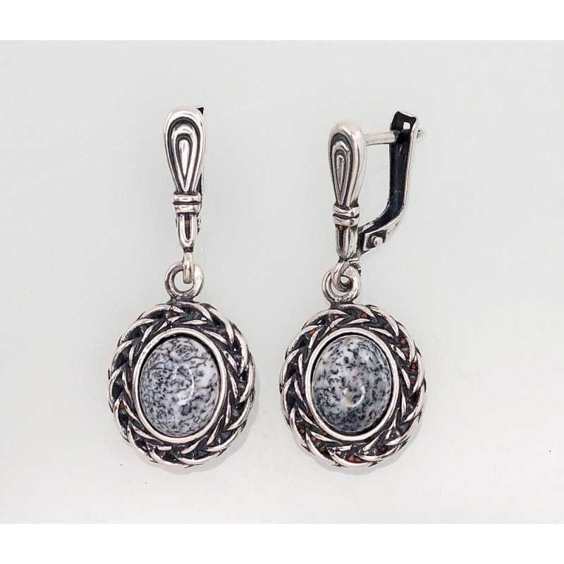 925°, Silver earrings with english lock, Dendritic Agate , 2202180(POx-Bk)_AGD-BK