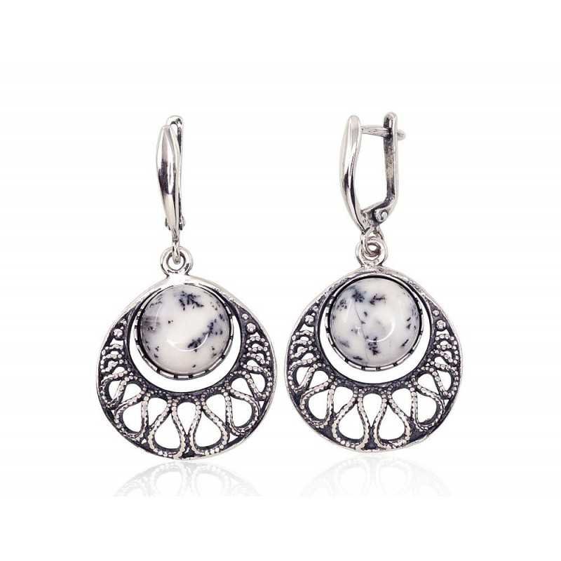 925°, Silver earrings with english lock, Dendritic Agate , 2202201(POx-Bk)_AGD