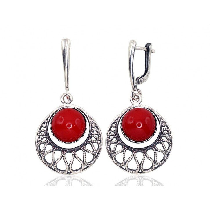 925°, Silver earrings with english lock, Coral , 2202201(POx-Bk)_COX-2