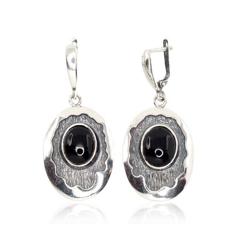 925°, Silver earrings with english lock, Onix , 2202209(POx-Bk)_ON-2