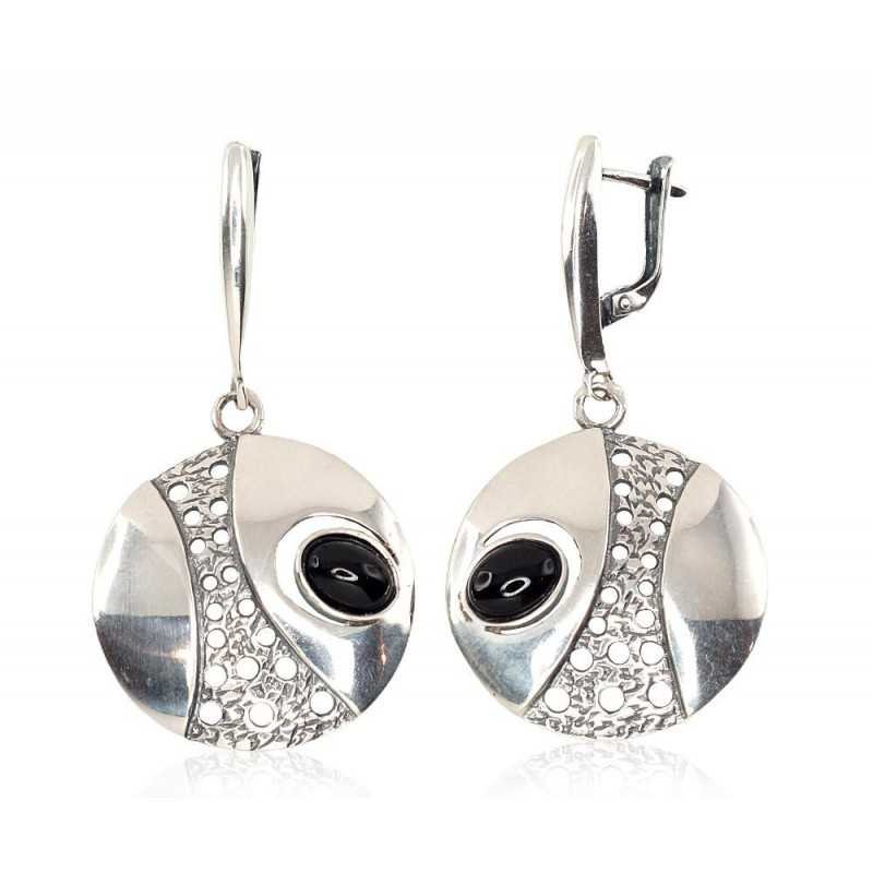 925°, Silver earrings with english lock, Onix , 2202210(POx-Bk)_ON-2