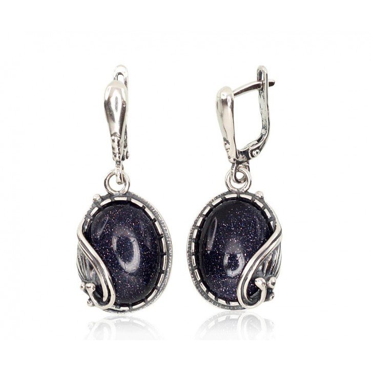 925°, Silver earrings with english lock, Avanturin , 2202213(POx-Bk)_AVX