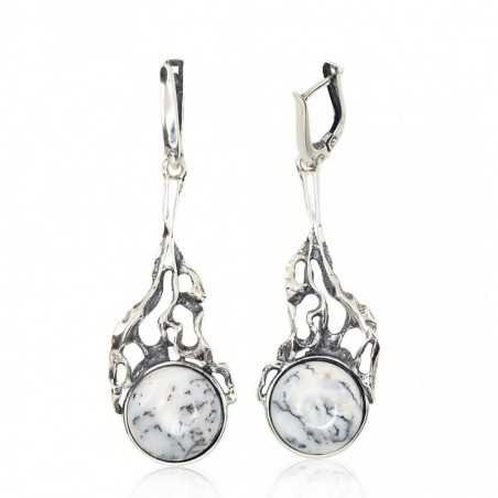 925°, Silver earrings with english lock, Dendritic Agate , 2202215(POx-Bk)_AGD