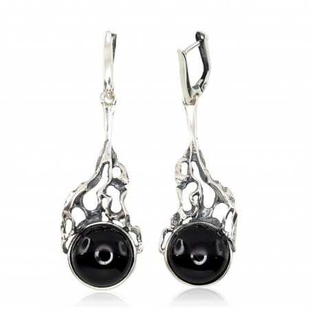 925°, Silver earrings with english lock, Onix , 2202215(POx-Bk)_ON-2