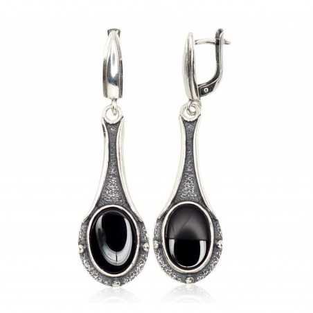 925°, Silver earrings with english lock, Onix , 2202217(POx-Bk)_ON-2