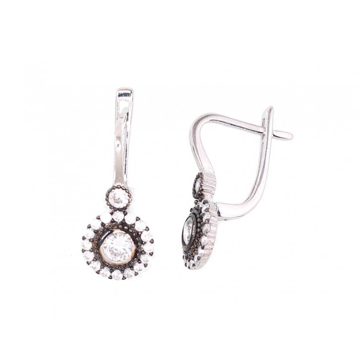 925°, Silver earrings with english lock, Zirkons , 2202382(PRh-Gr+PRh-Bk)_CZ