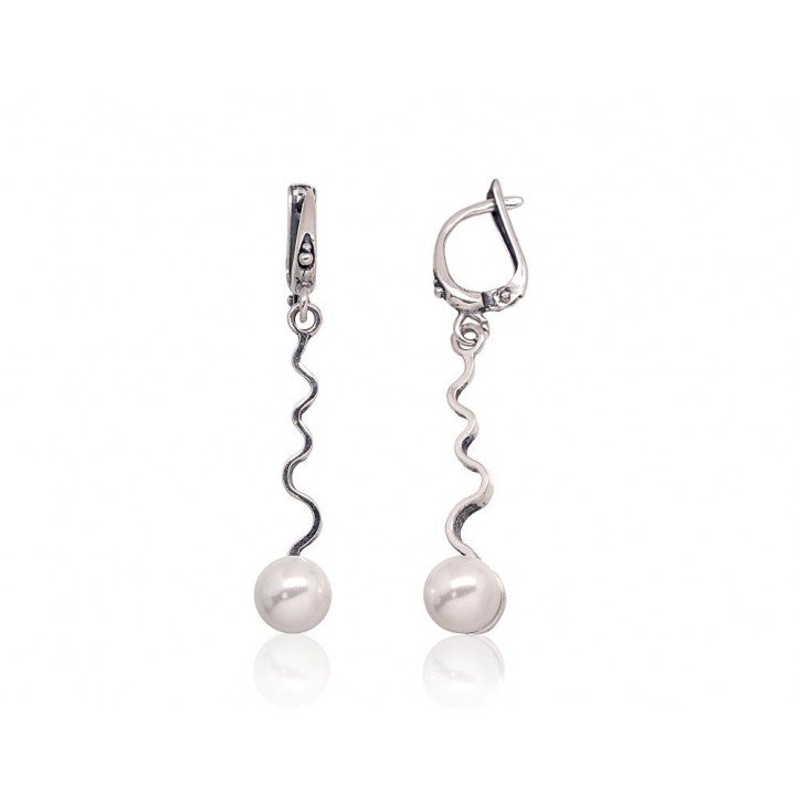 925°, Silver earrings with english lock, Fresh-water Pearl , 2202828(POx-Bk)_PESN