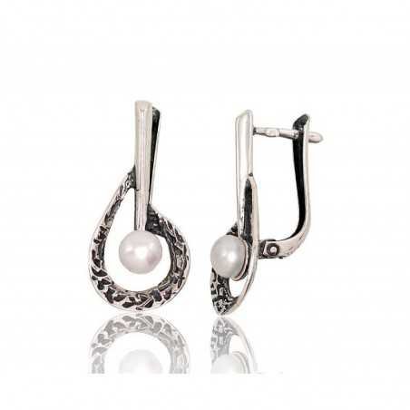 925°, Silver earrings with english lock, Fresh-water Pearl , 2202829(POx-Bk)_PE