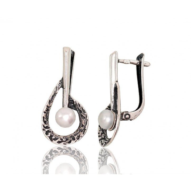 925°, Silver earrings with english lock, Fresh-water Pearl , 2202829(POx-Bk)_PE