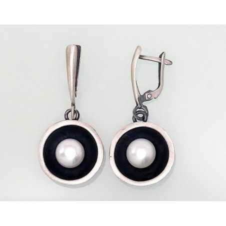 925°, Silver earrings with english lock, Fresh-water Pearl , 2202832(Matt+POx-MattBk)_PE