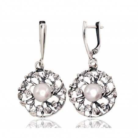 925°, Silver earrings with english lock, Fresh-water Pearl , 2202835(POx-Bk)_PE