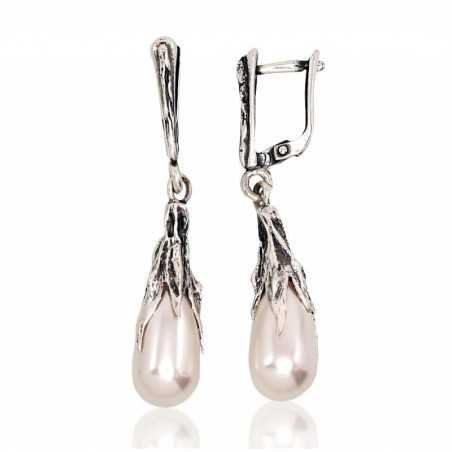 925°, Silver earrings with english lock, Fresh-water Pearl , 2202839(POx-Bk)_PESN