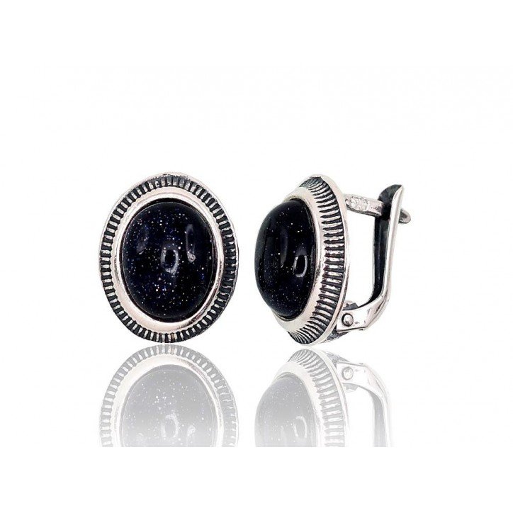 925°, Silver earrings with english lock, Avanturin , 2202857(POx-Bk)_AVX-B