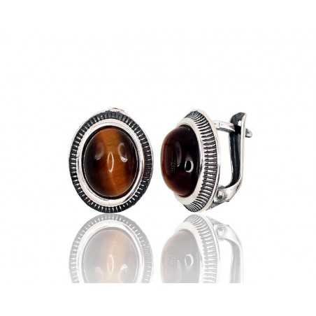 925°, Silver earrings with english lock, Tiger eye , 2202857(POx-Bk)_TE