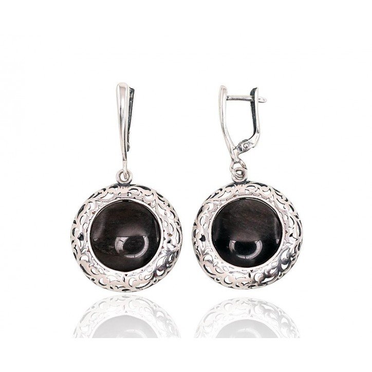 925°, Silver earrings with english lock, Obsidian , 2202874(POx-Bk)_OB