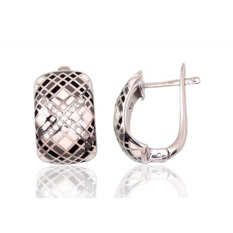 925°, Silver earrings with english lock, Zirkons , Jewelery enamel , 2202898(PRh-Gr)_CZ+ML-MIX