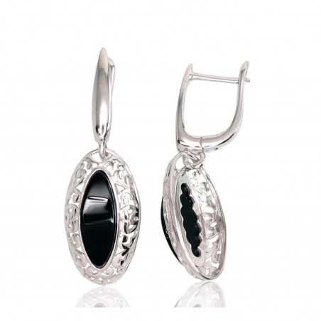 925°, Silver earrings with english lock, Onix , 2202902(PRh-Gr)_ON