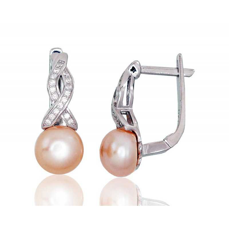 925°, Silver earrings with english lock, Zirkons , Fresh-water Pearl , 2202916(PRh-Gr)_CZ+PE-PI