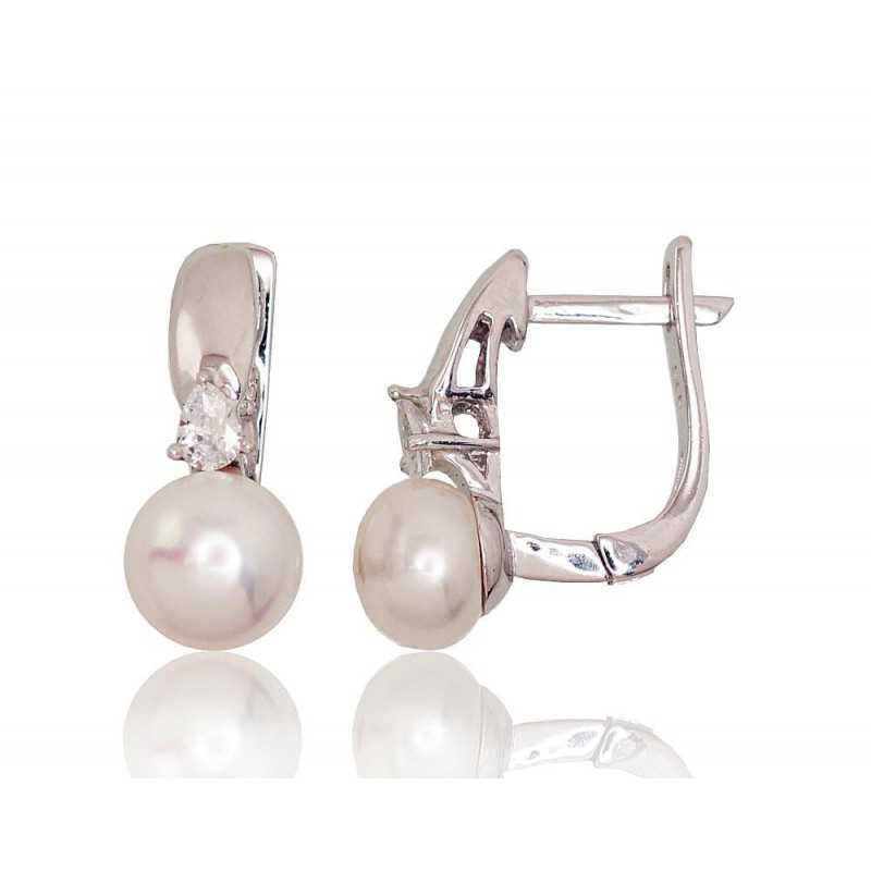 925°, Silver earrings with english lock, Zirkons , Fresh-water Pearl , 2202918(PRh-Gr)_CZ+PE
